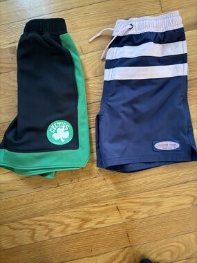 Vineyard Vines Navy Swim Trunks with Pink and White Stripe Waistband